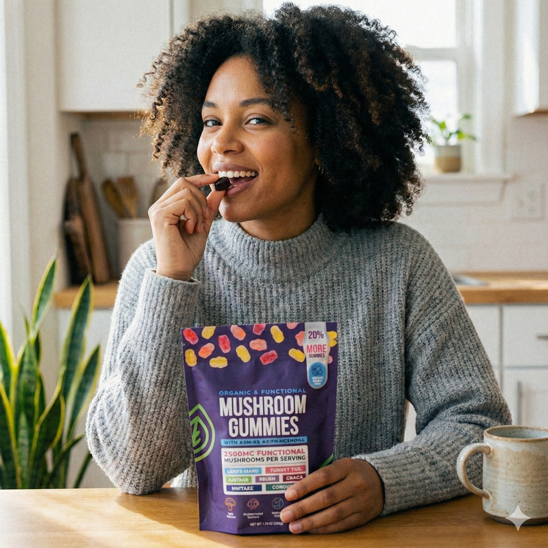 7 Mushrooms, One Daily Gummy, Feel the Difference in 14 Days.